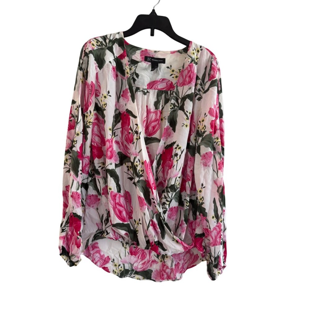 INC Blouse Womens S Polyester Multicolor Floral Long Sleeve Draped V-Neck Top